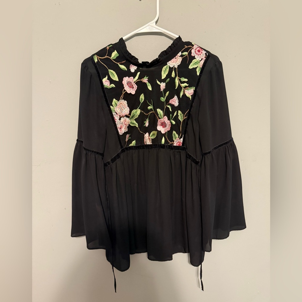 Primark Black Blouse with Pink Floral Embroidery